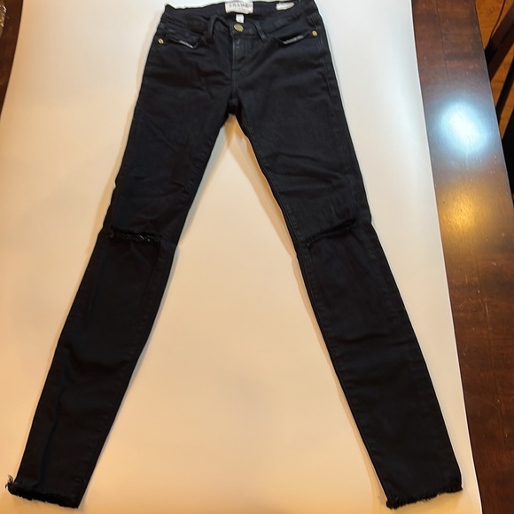 Frame Demin Mid Rise Le Skinny de Jeanne Distressed Black Denim Jean Size 24 - Picture 12 of 15